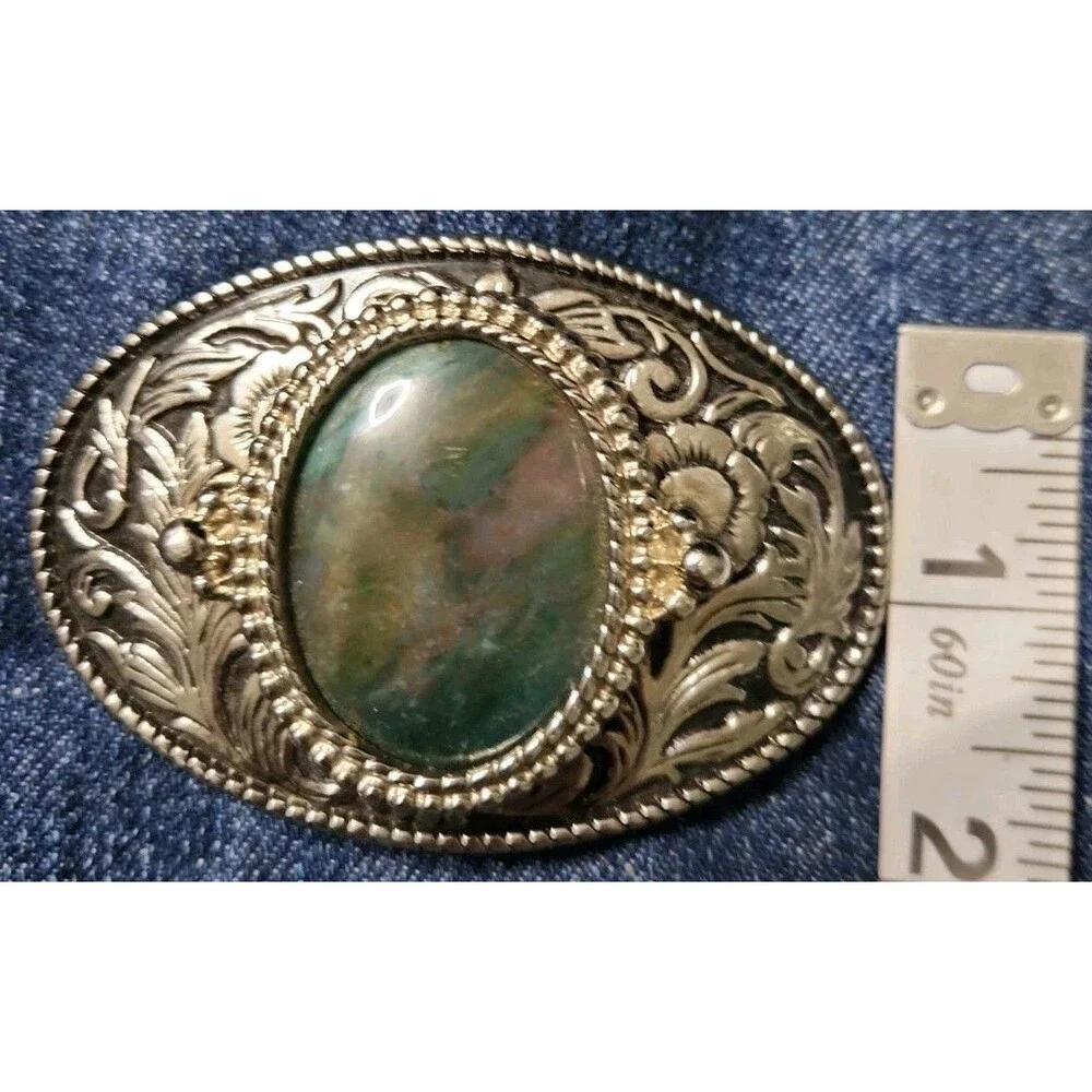 Vintage Western Style Oval Silver Tone Filigree Belt Buckle Green Agate Cabochon